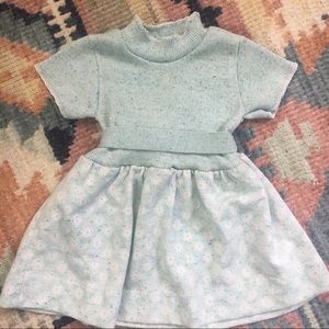 Blue floral mock neck ribbed dress crocheted trim